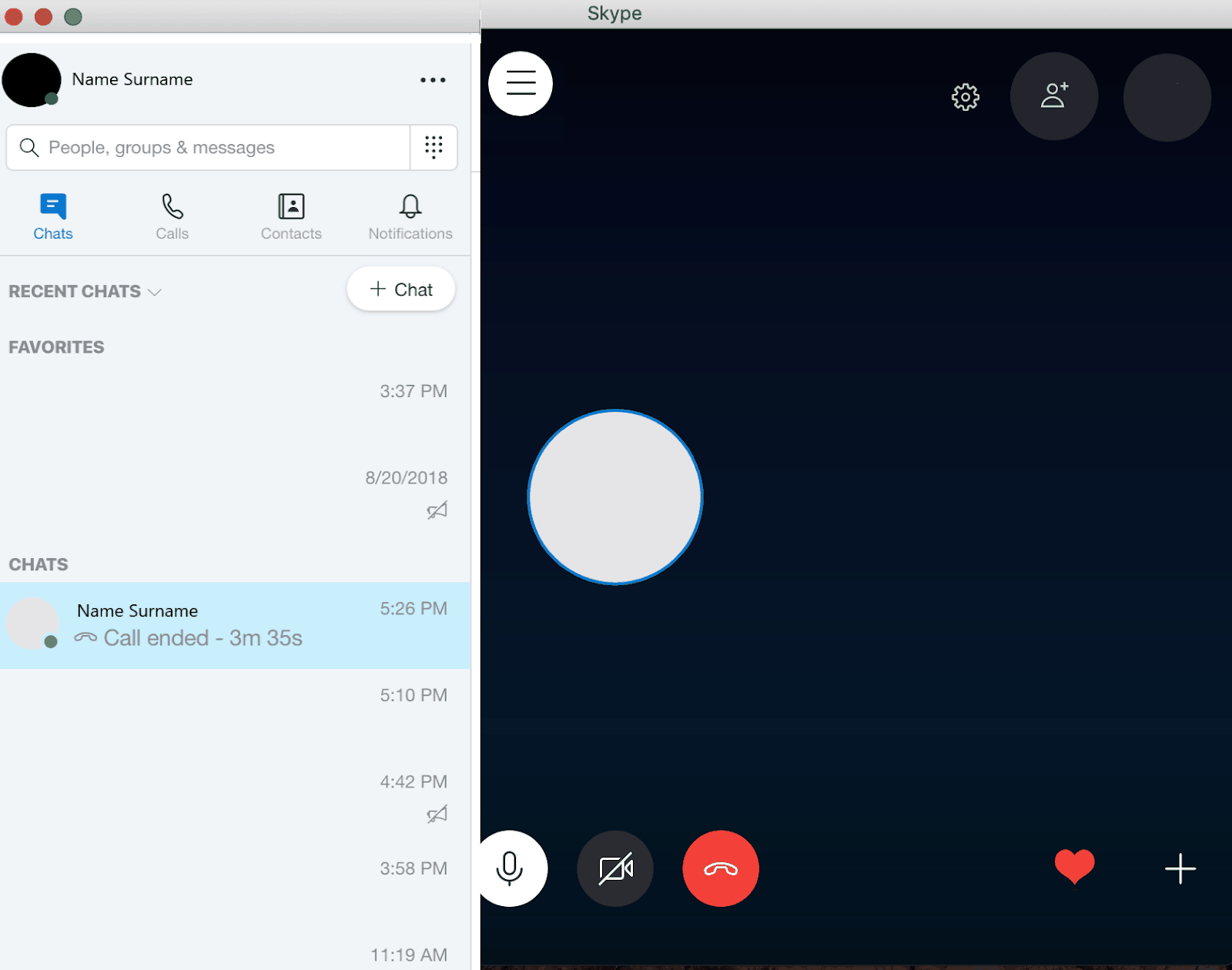 Skype home screen window during call 