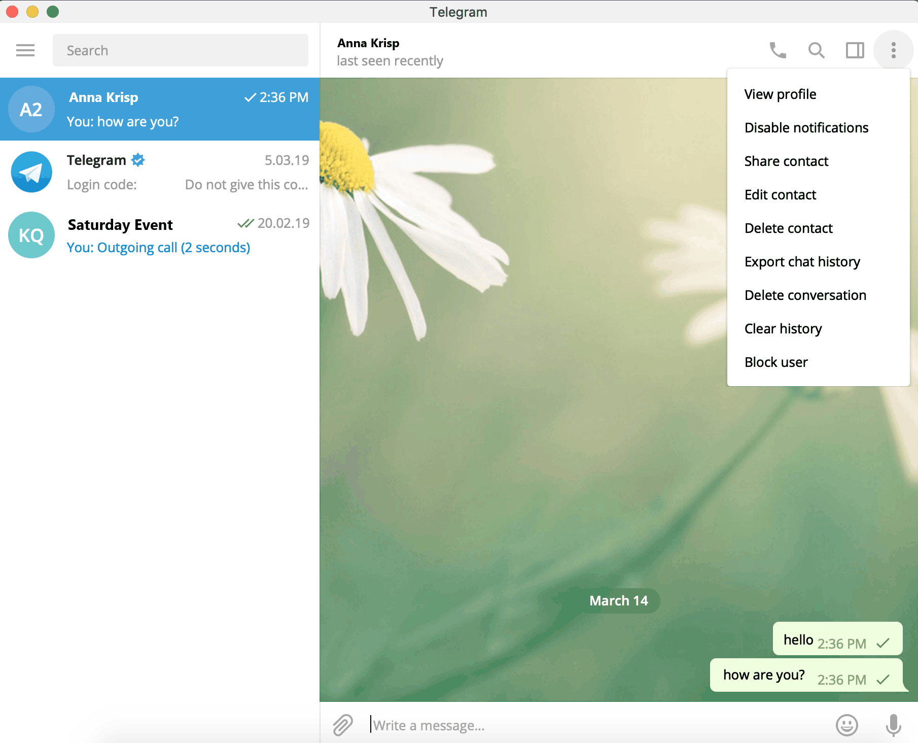 Telegram chat menu