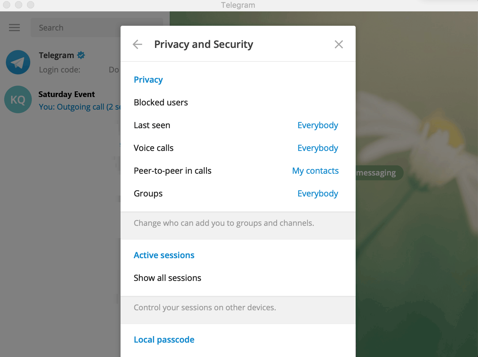 Telegram privacy and security settings
