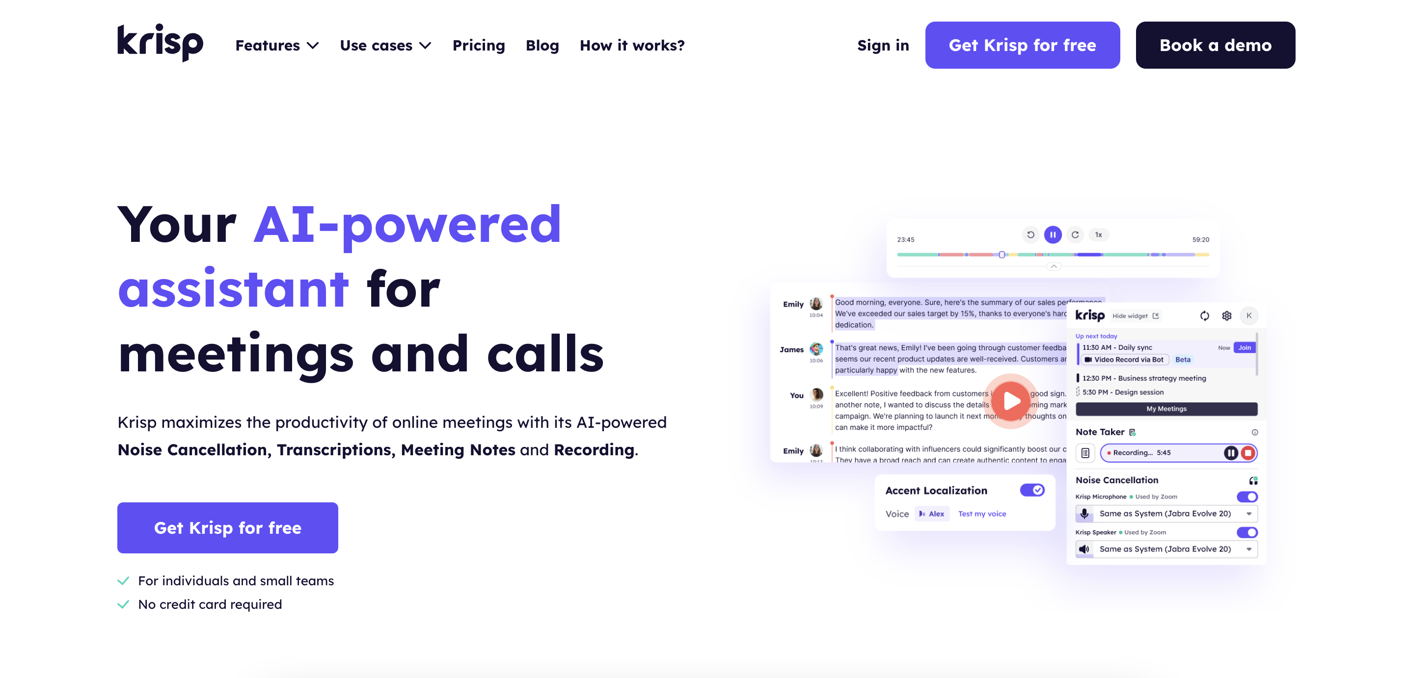 Krisp homepage screenshot 