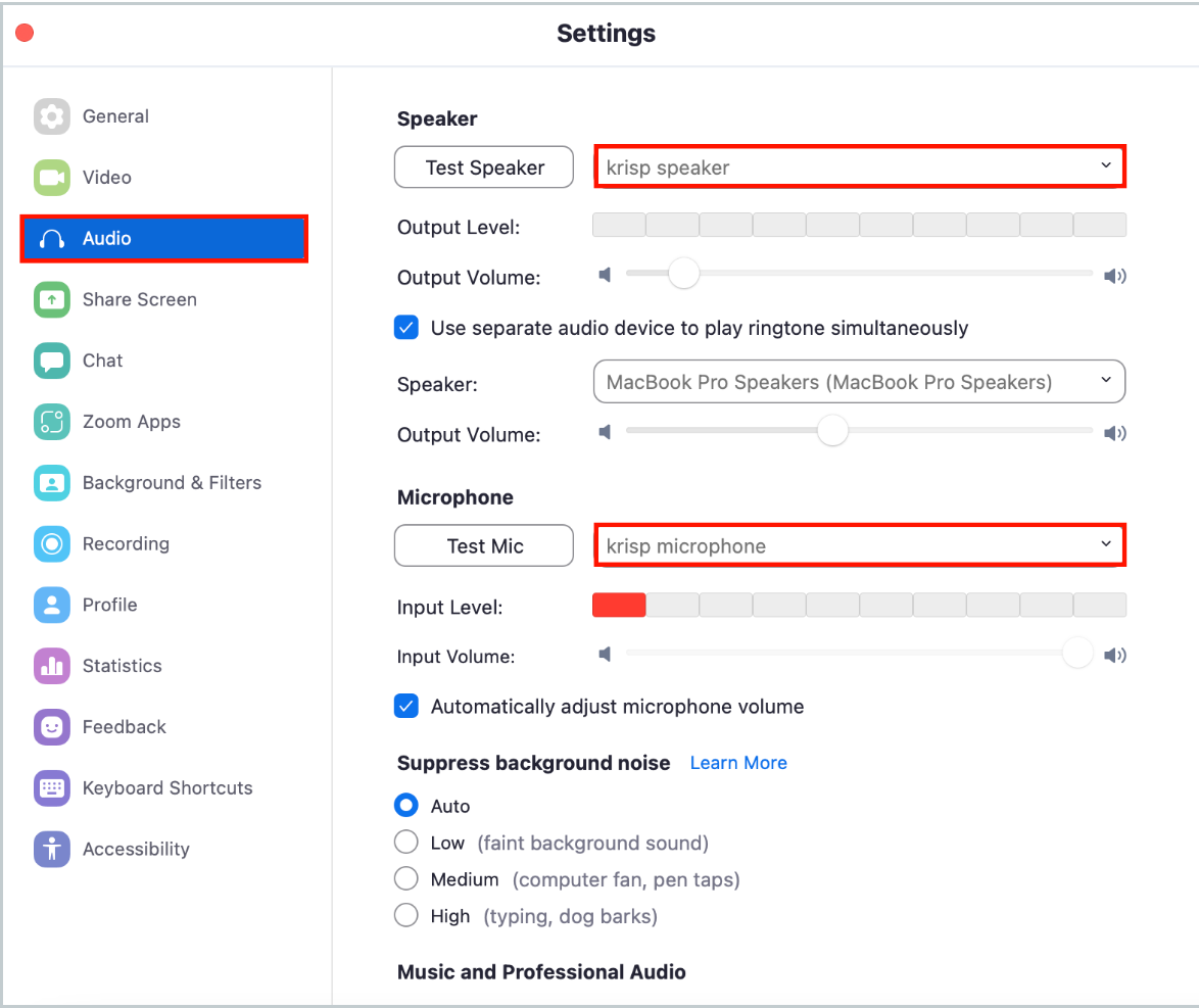 Krisp microphone and speaker Zoom Outlook