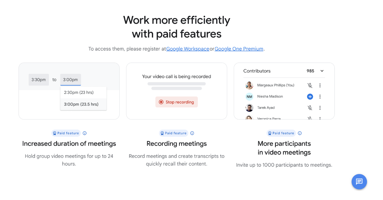 Google Meet website screenshot highlighting better tools available with the paid version.