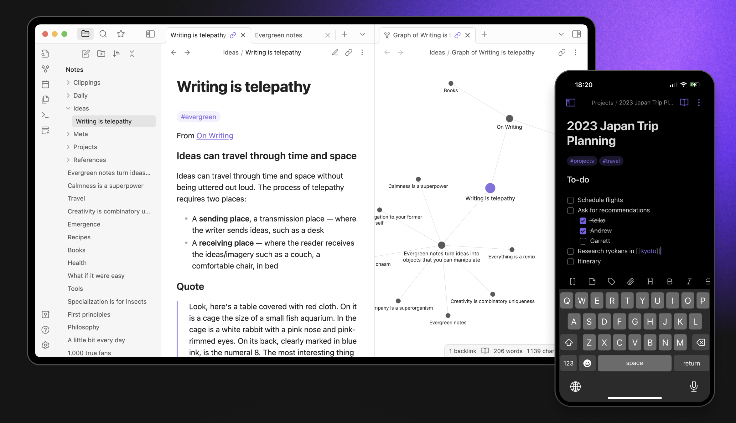 Screenshot of the Obsidian note taking app