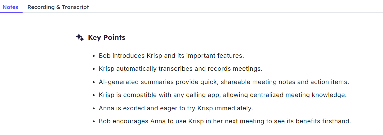 Krisp AI meeting assistant key points screen