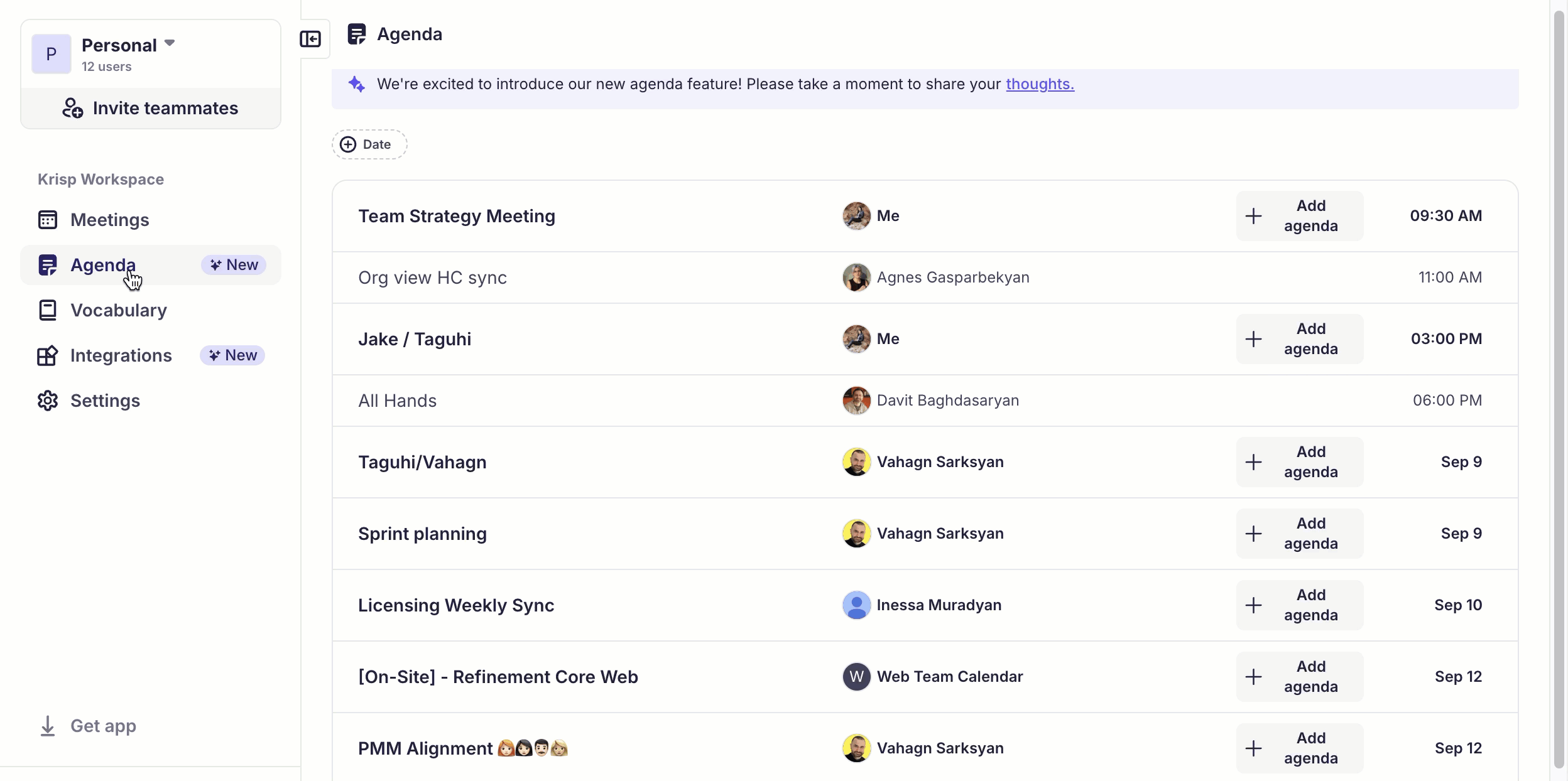 Krisp's agenda feature