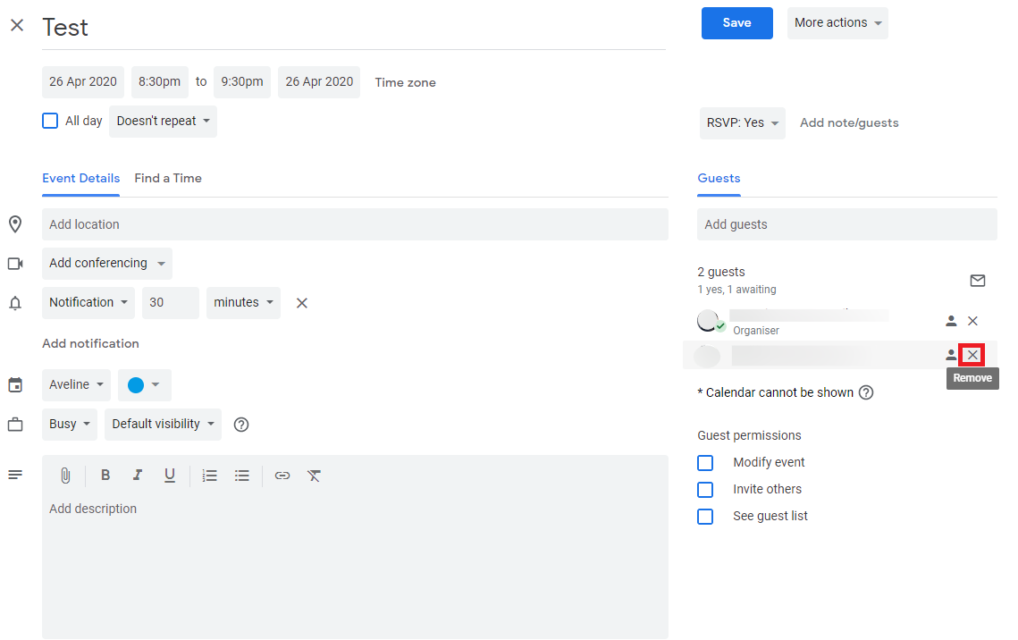 remove guests from google calendar event