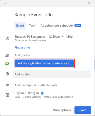 step 4. how to schedule a google meet on google calendar