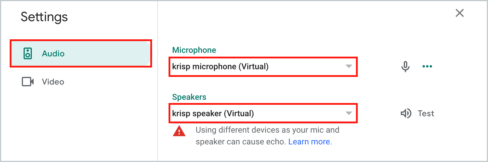 Google meet settings audio screenshot
