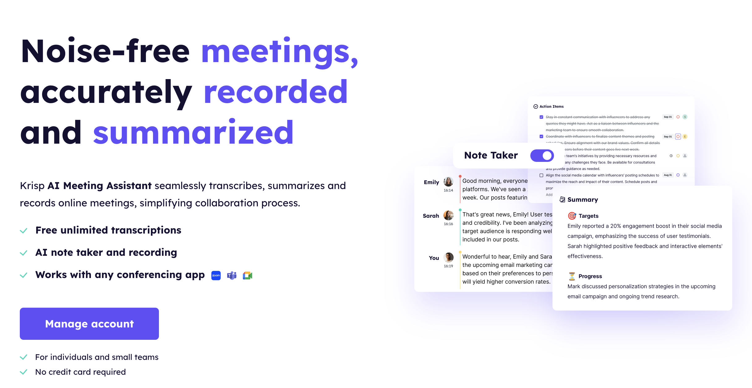 Krisp AI meeting notes and summaries, AI meeting minutes generator