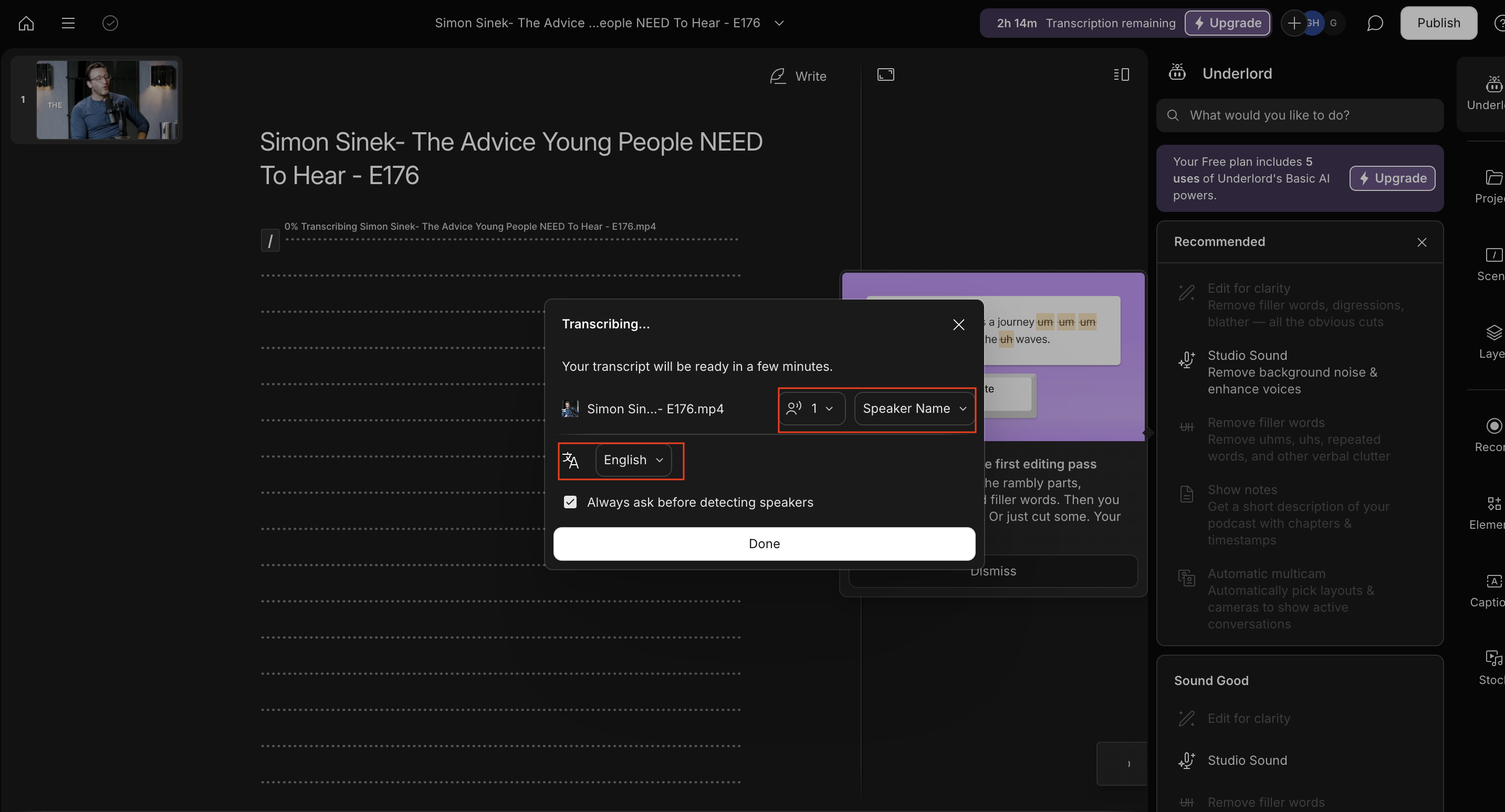choose the speaker and language on descript