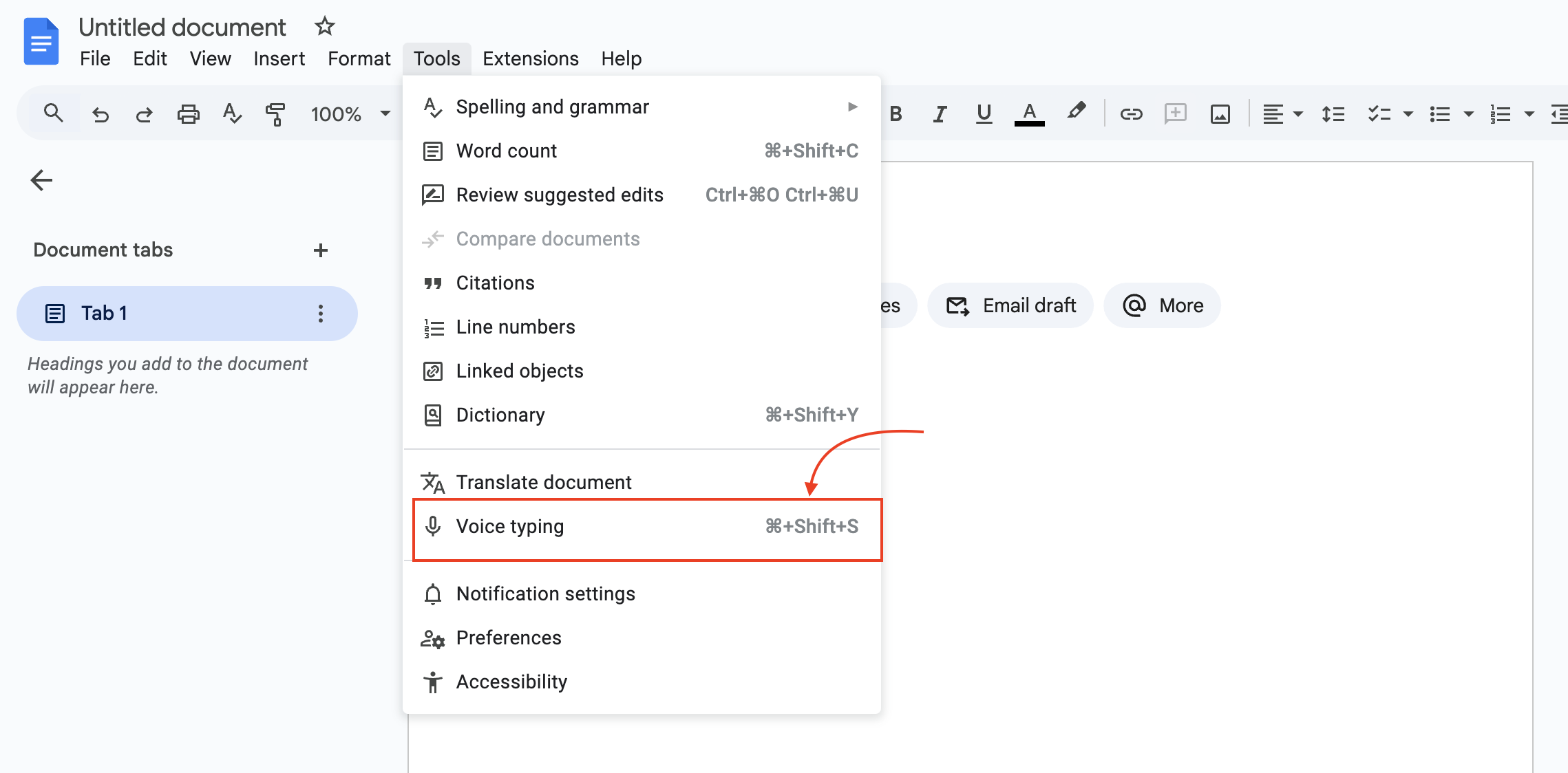 enable voice typing on google docs