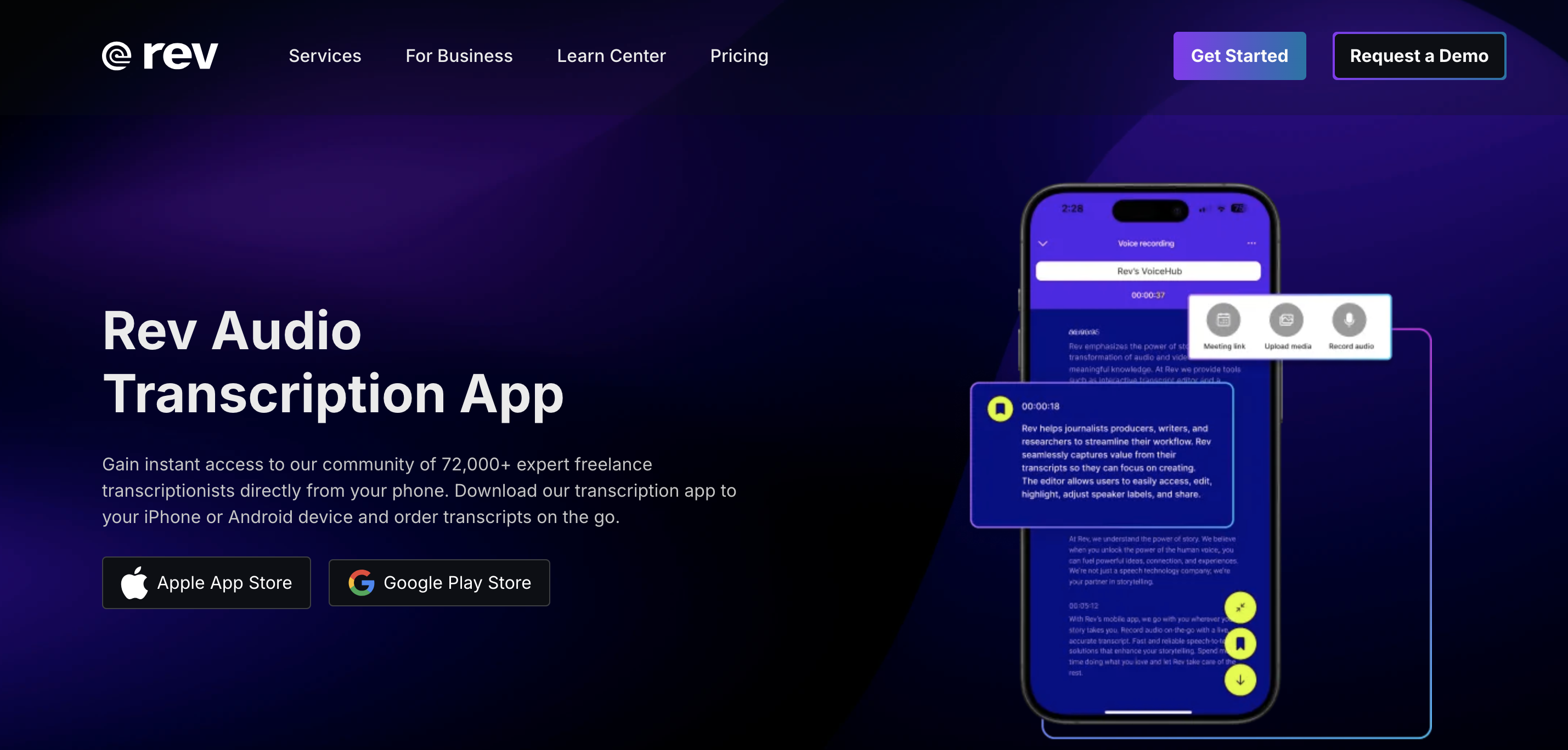 Rev transcription app screenshot