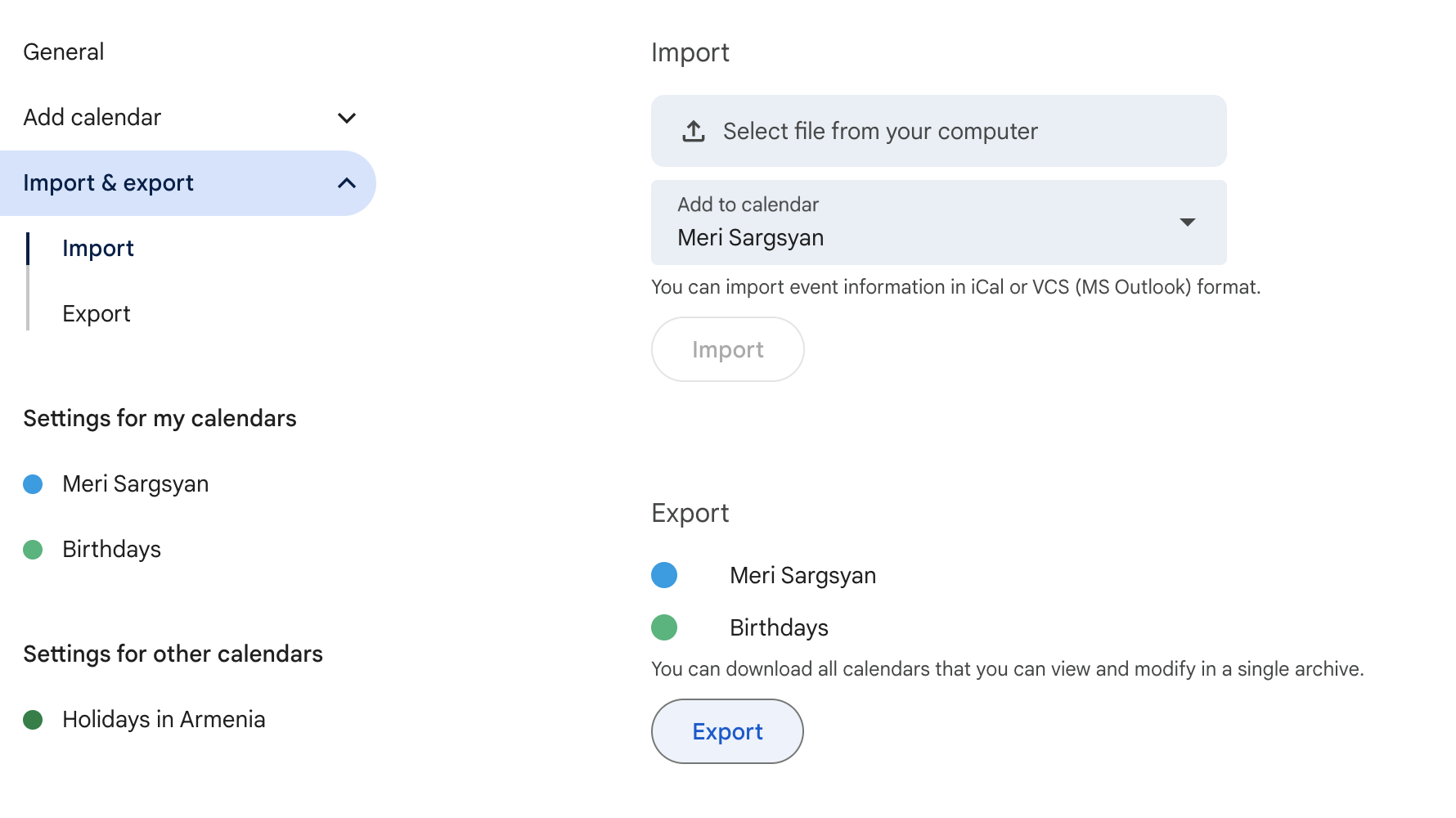 Export google calendar