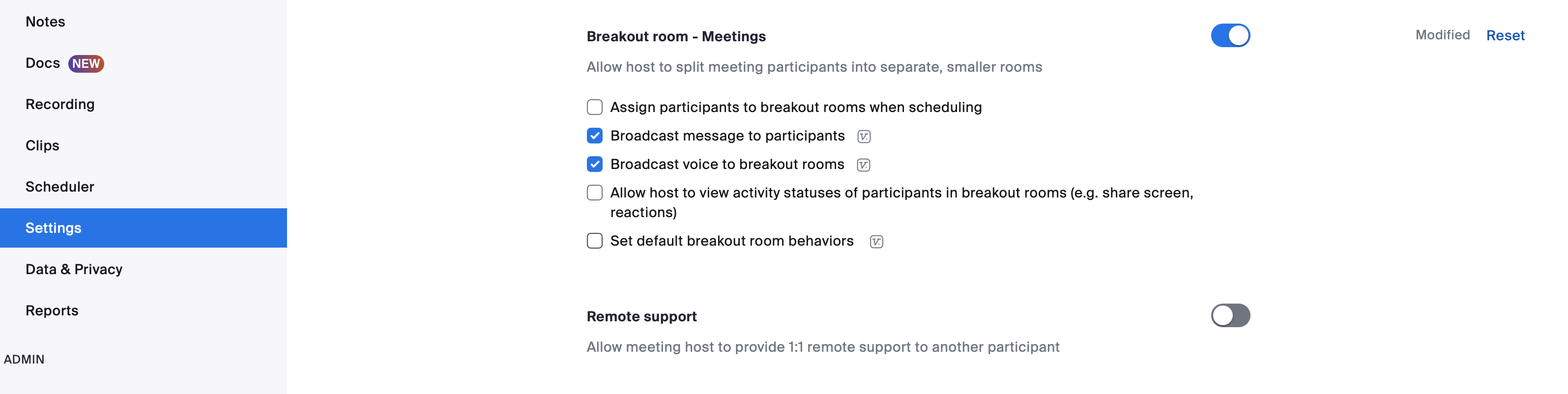 Zoom Settings Breakout Room enabling