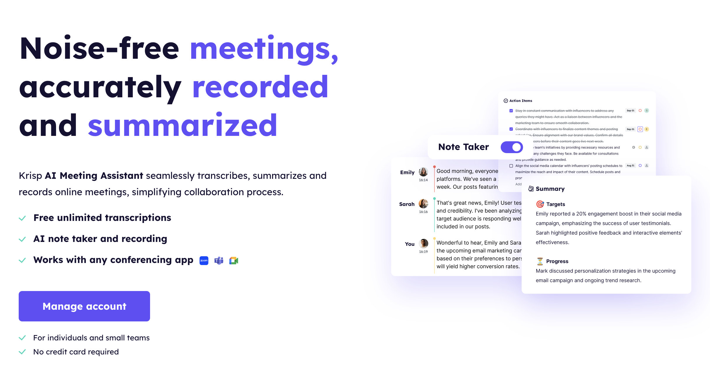 Krisp AI meeting notes and summaries