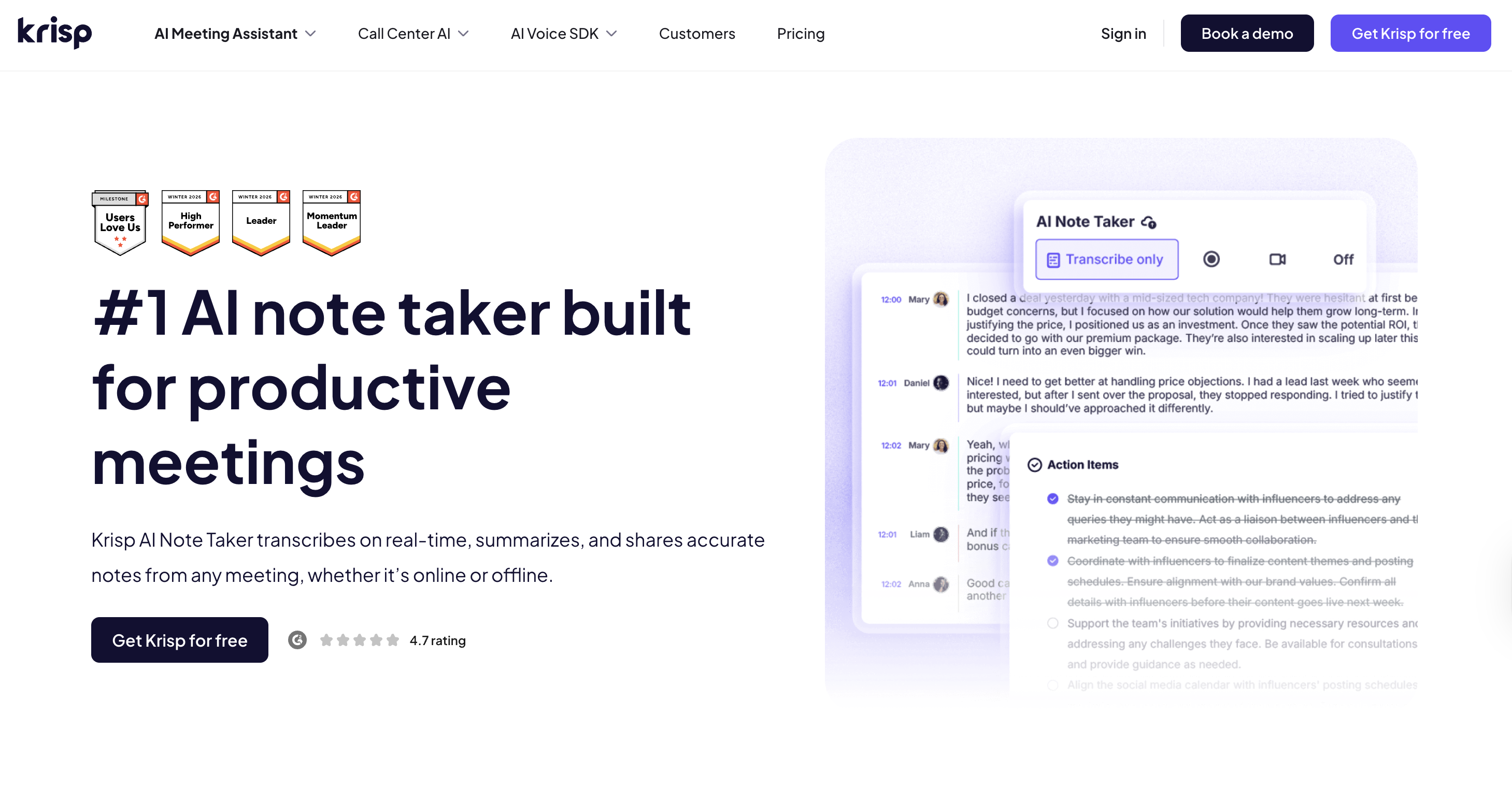 Krisp - best AI note taker for sales teams