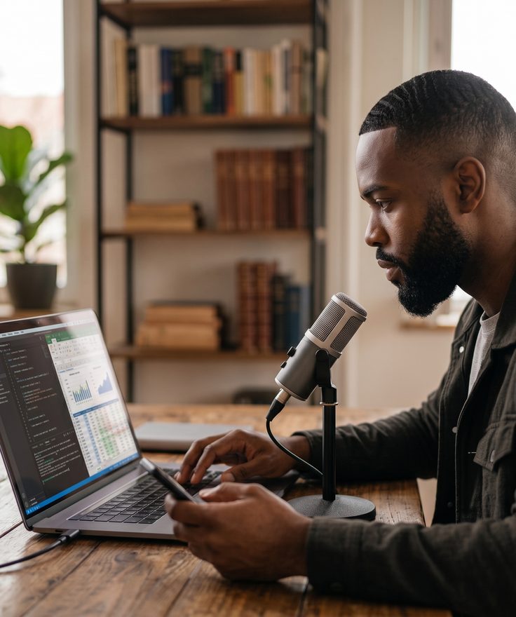 Krisp affiliate recording a podcast at a desk