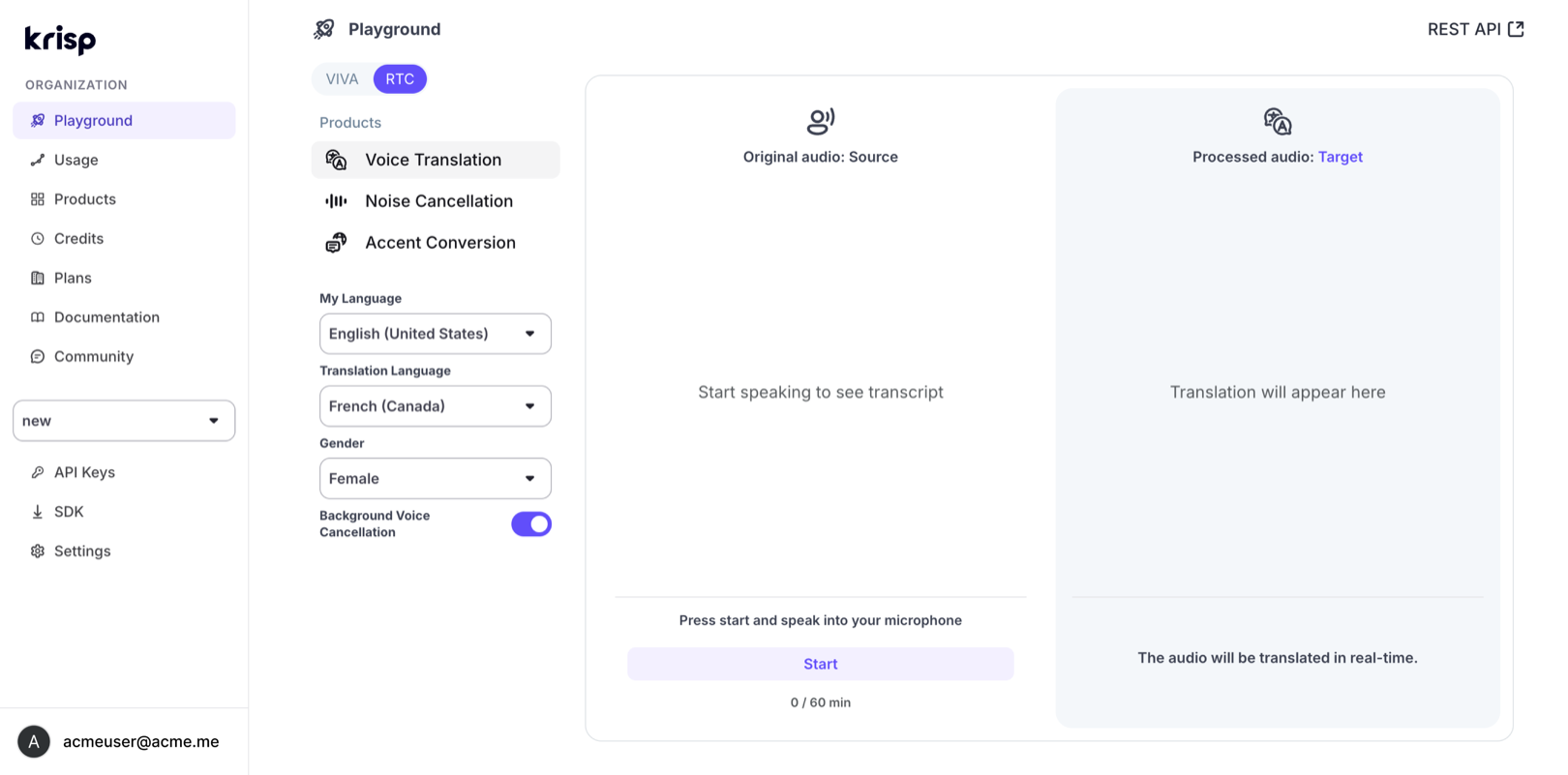 Krisp Voice Translation playground dashboard