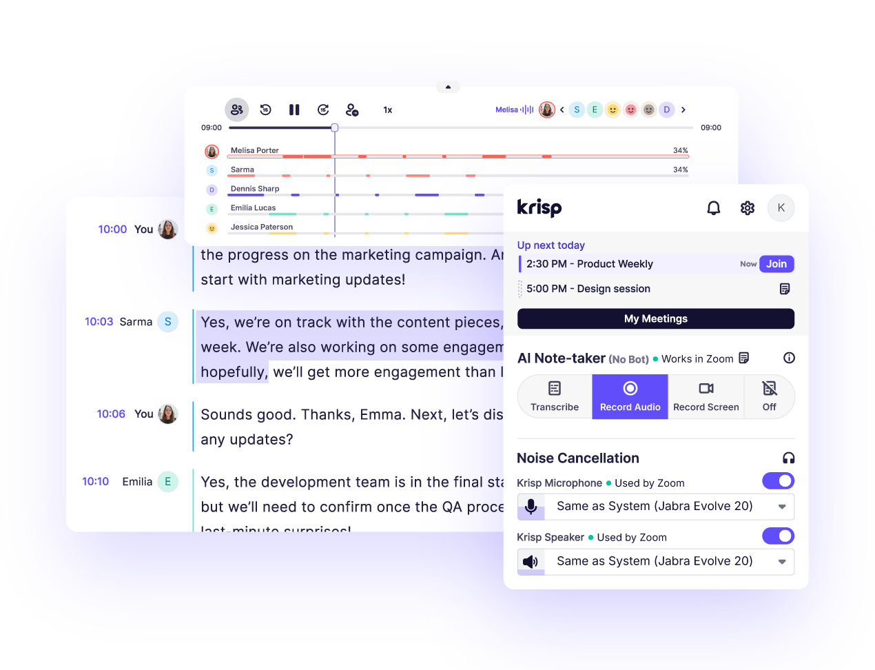 <span class="text--bold text--purple">Krisp</span> is a <span class="text--bold text--purple">better choice</span> than Fireflies – More features, lower price, no bots.