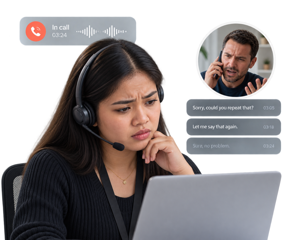 Contact centre agent repeating herself while a customer struggles to follow